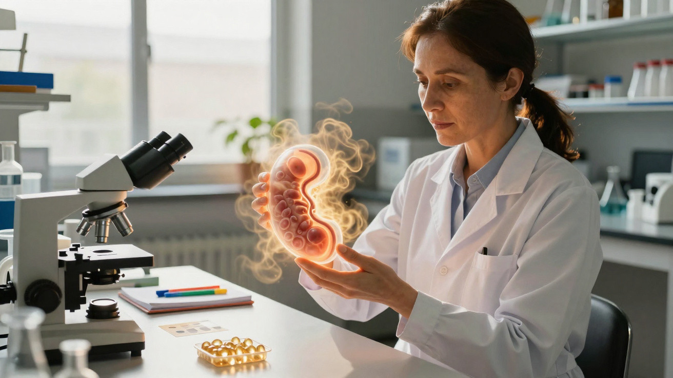 Cientista em bata branca em laboratório segura imagem holográfica de rim com microscopio ao lado.