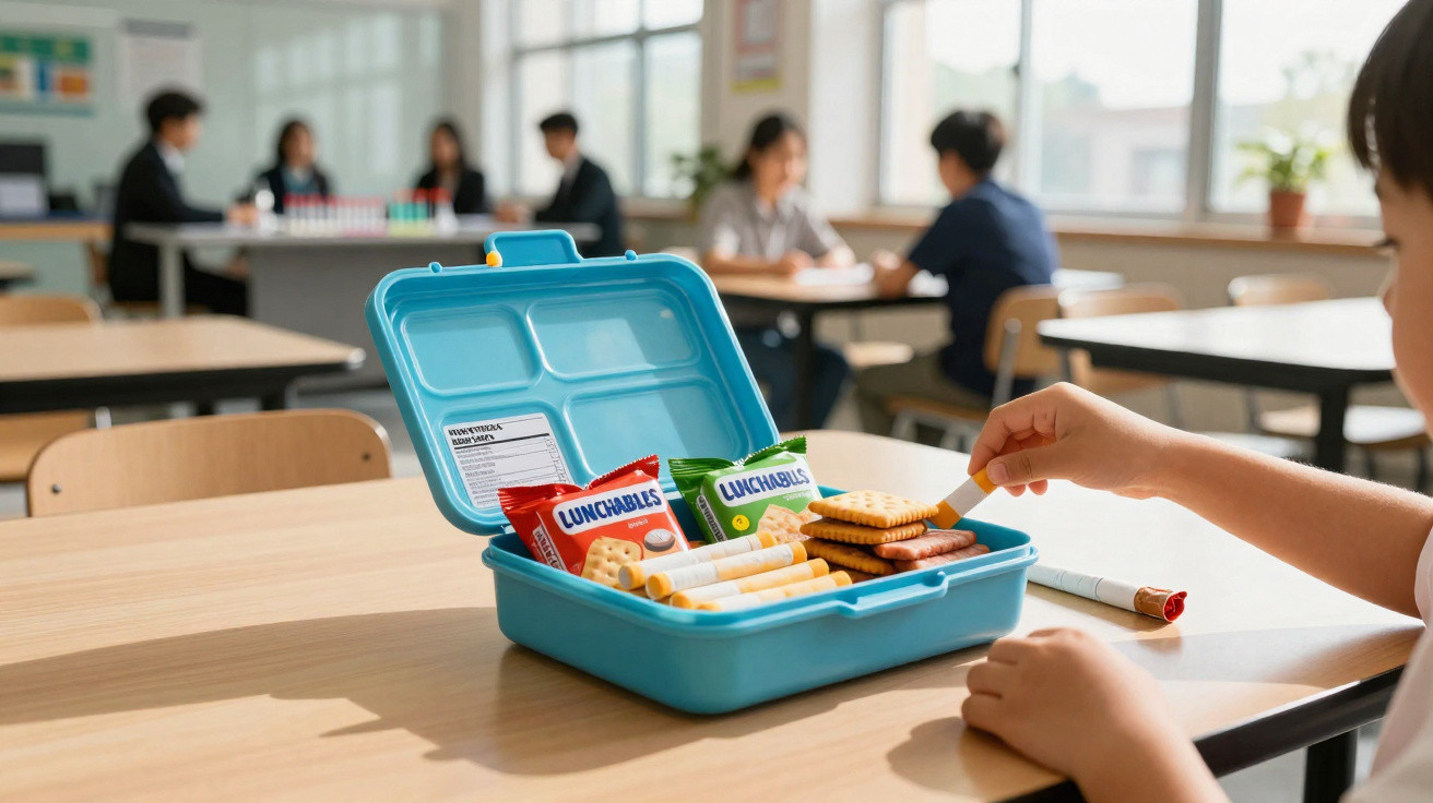 Mão de criança a pegar bolacha dentro de caixa de lanche azul numa sala de aula com outros alunos ao fundo.