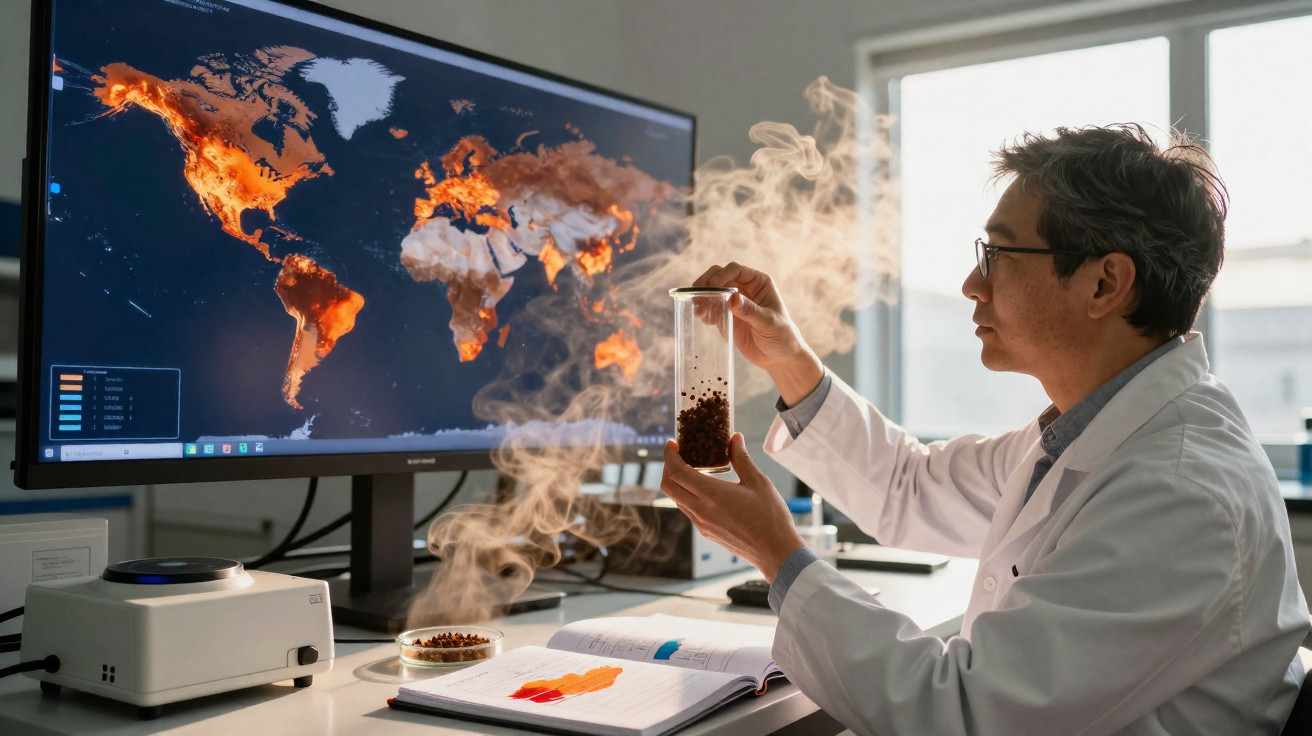 Cientista no laboratório analisa amostra com mapa mundial de incêndios florestais num ecrã ao fundo.
