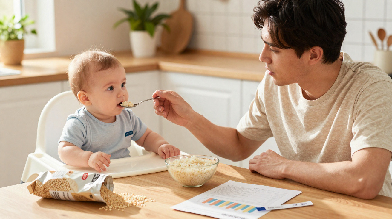 Pai a alimentar bebé sentado numa cadeira alta na cozinha, com legumes e documentos na mesa.