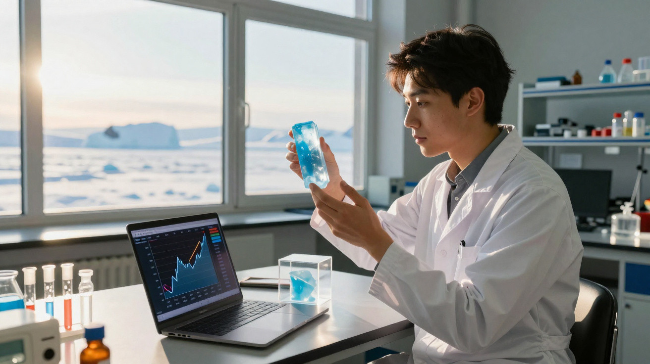 Cientista numa sala de laboratório a analisar uma amostra de gelo com gráficos no computador ao fundo.