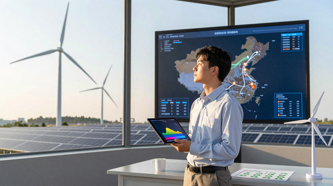 Homem com tablet em painel solar, turbinas eólicas e monitor com mapas e dados de energia.