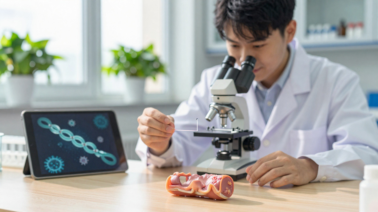 Cientista em bata branca observa amostra ao microscópio, com modelo de célula e tablet na mesa.