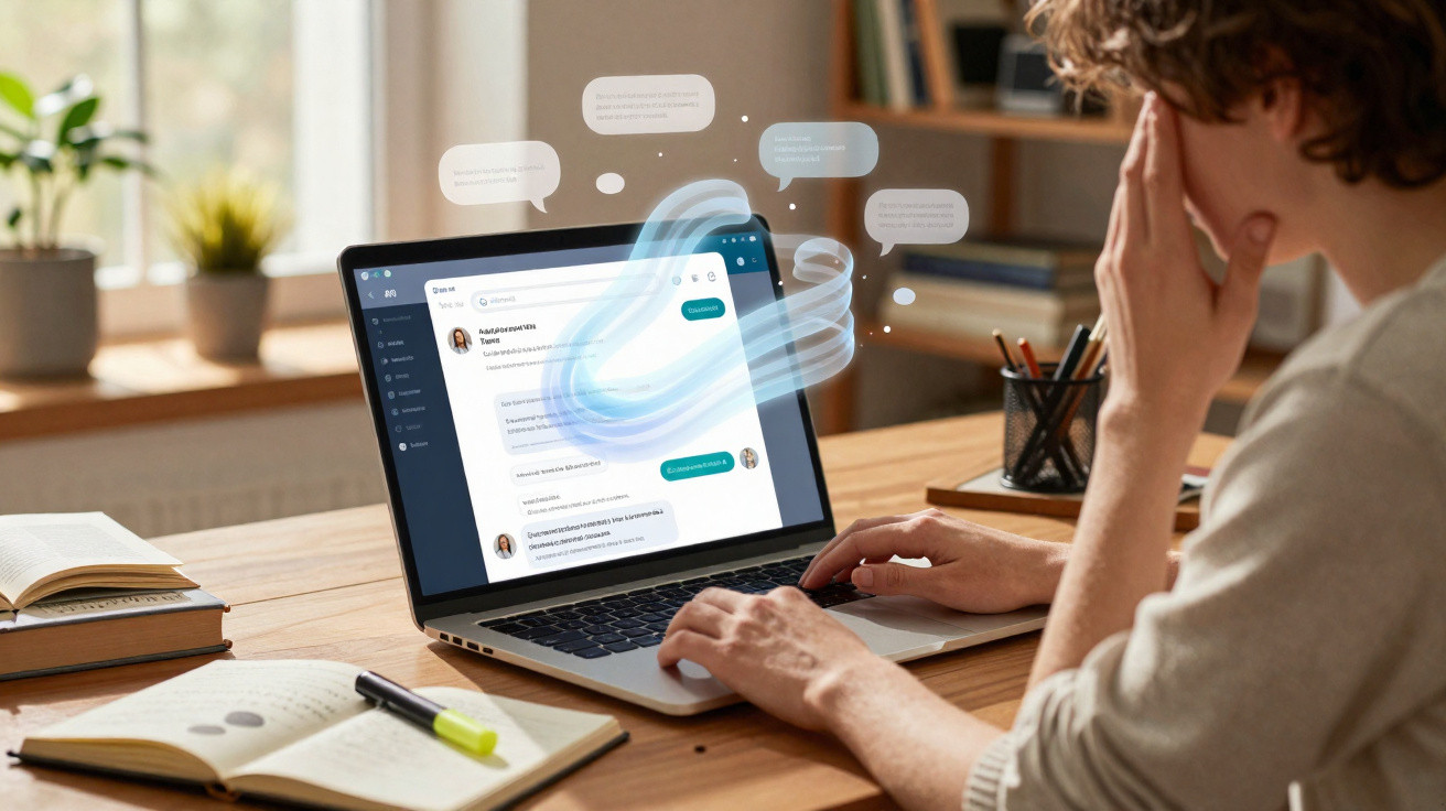 Pessoa a usar computador portátil com conversa de chat aberta numa secretária com livros e canetas.