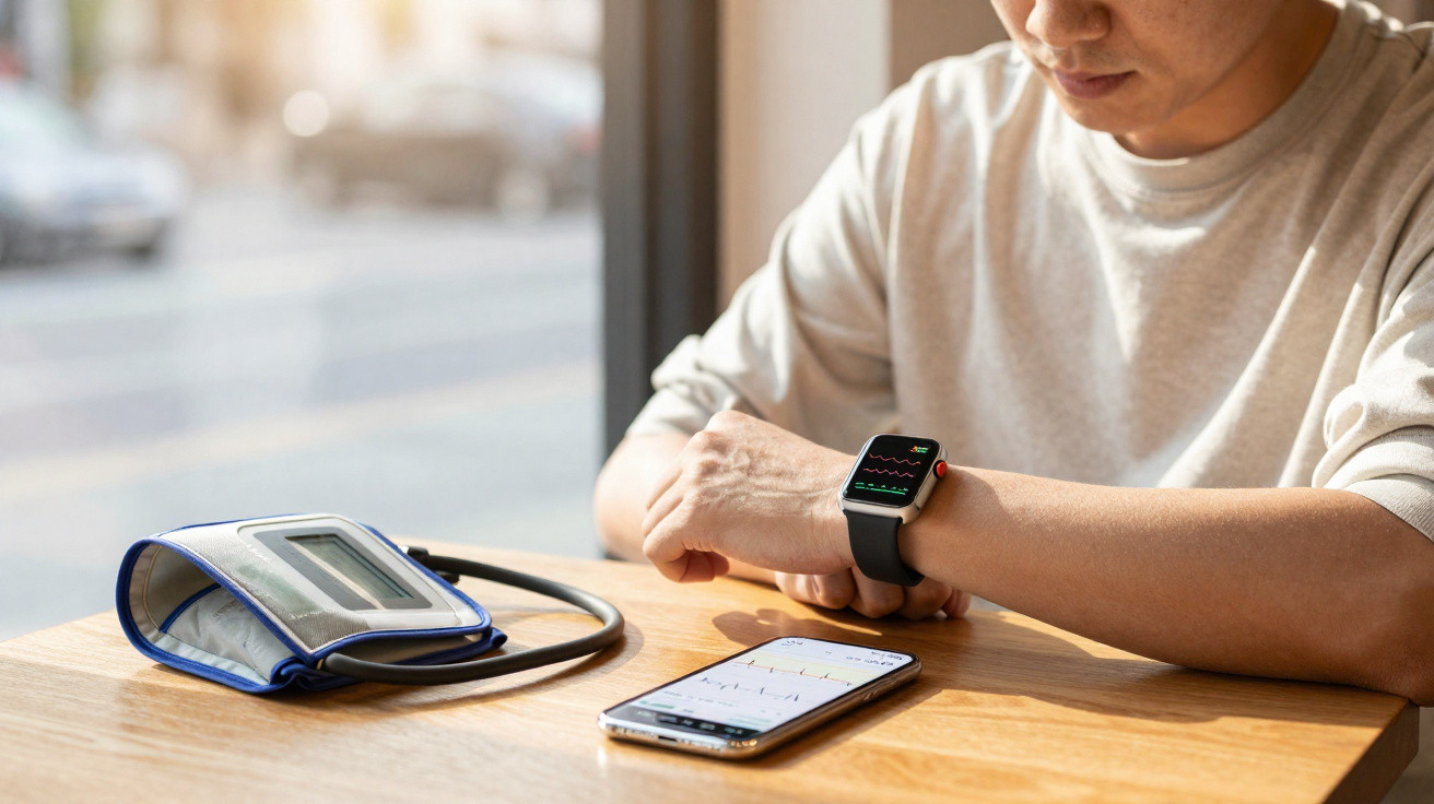 Homem a medir sinais vitais com smartwatch, smartphone e medidor de pressão num ambiente iluminado.
