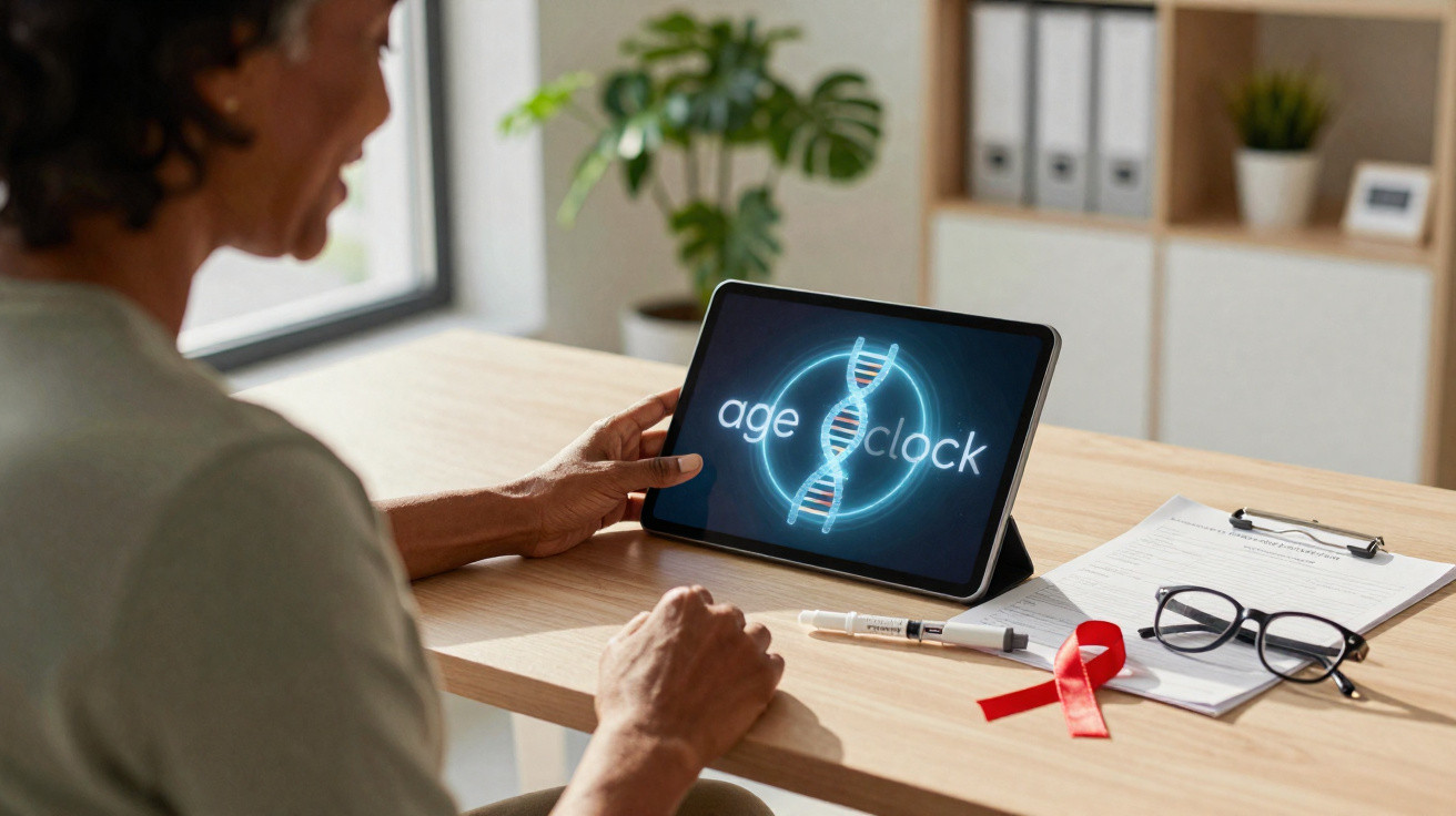 Pessoa a olhar para tablet com imagem digital de dupla hélice de ADN e relógio, numa secretária com óculos e fita vermelha.