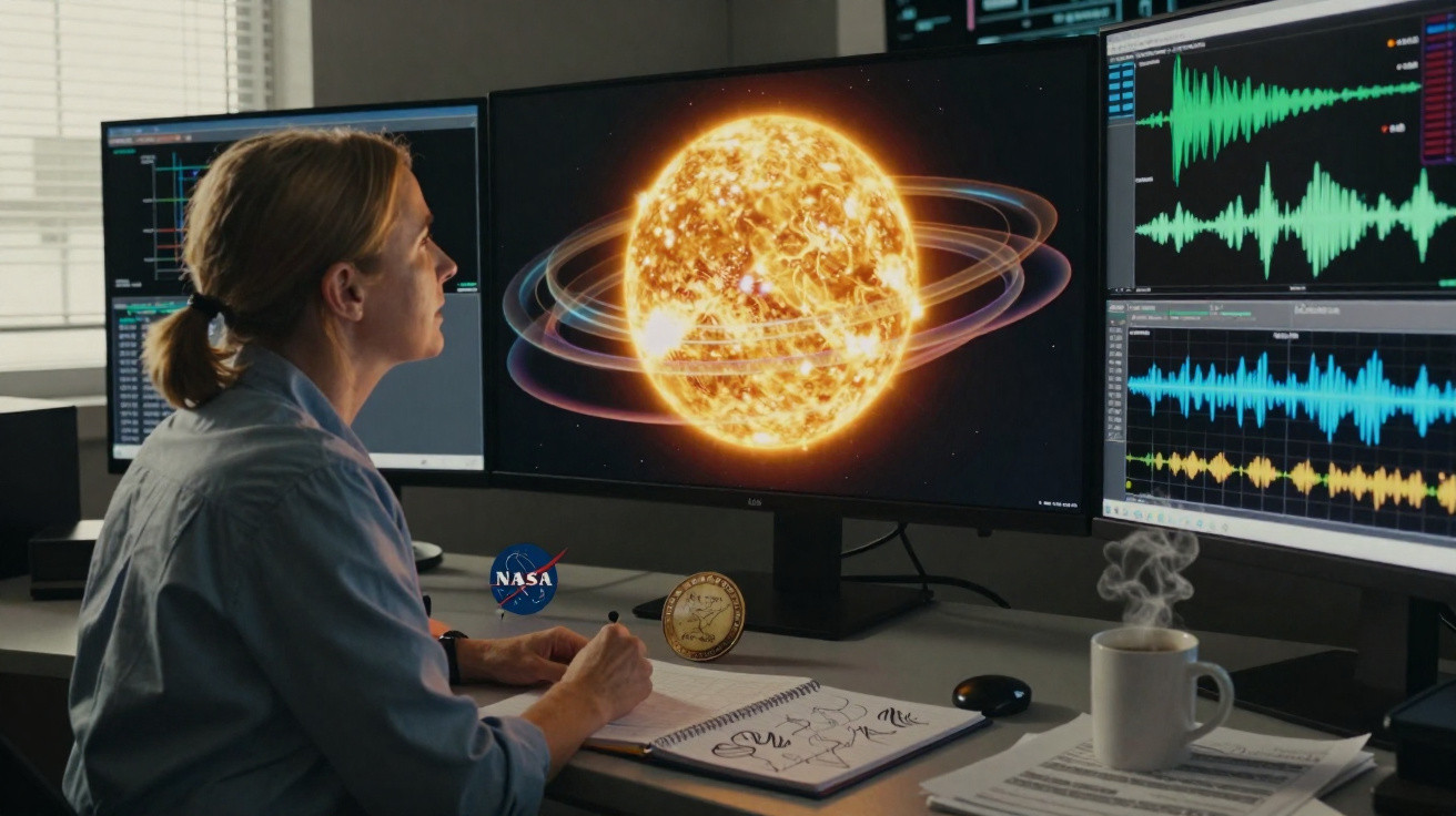 Mulher a analisar dados e imagens do sol em três ecrãs num escritório com chá quente.