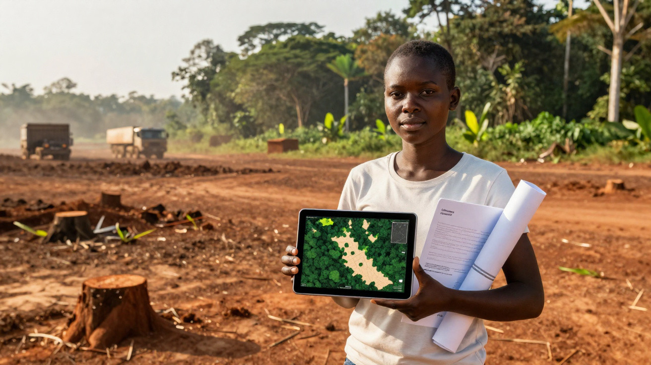 Pessoa segura tablet com mapa florestal e plantações, numa área desmatada com árvores cortadas e camiões ao fundo.