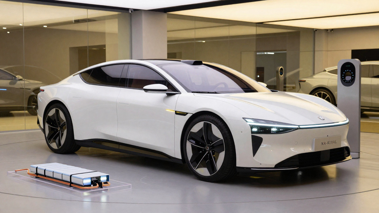 Carro elétrico branco moderno numa garagem interior com estação de carregamento e bateria no chão.