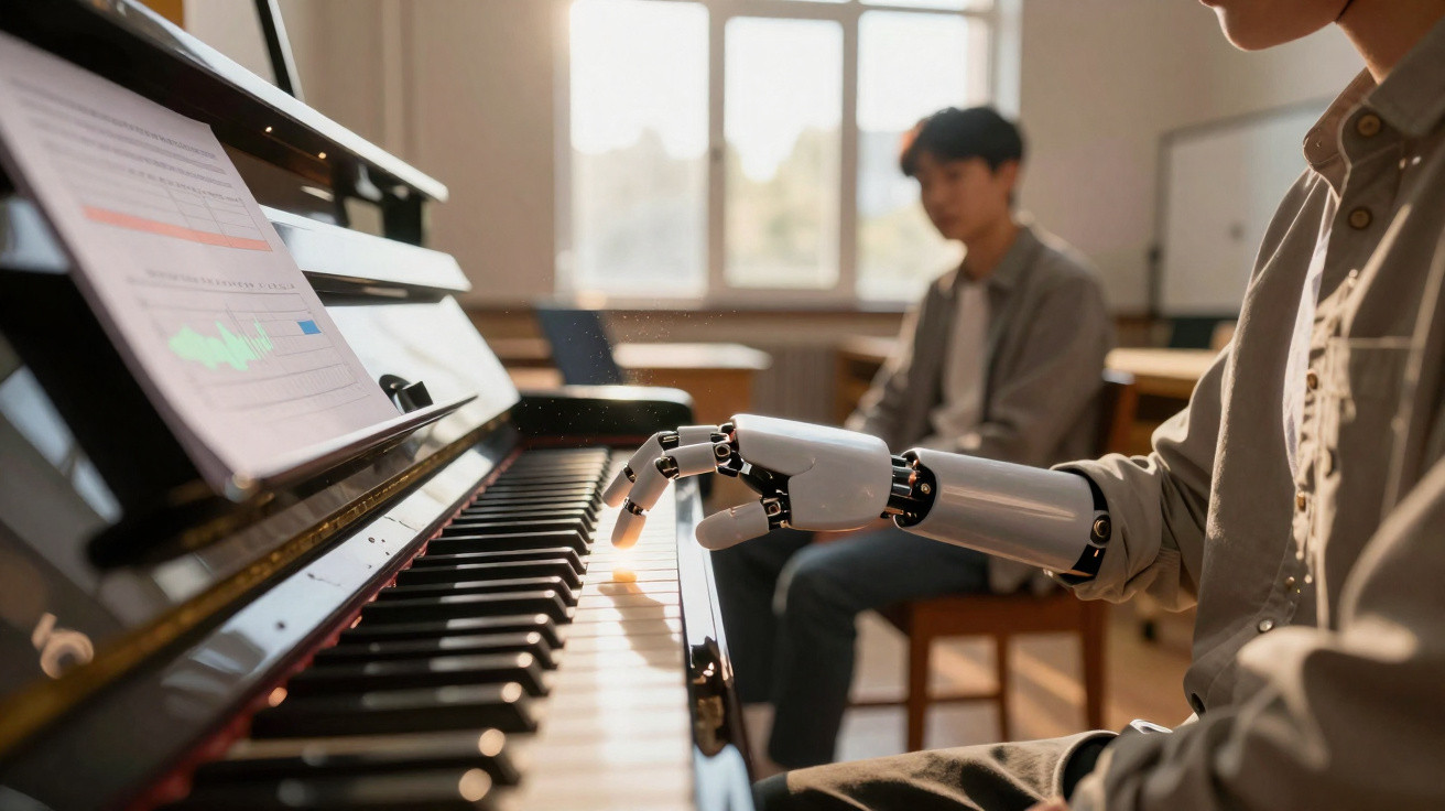 Pessoa com mão robótica a tocar piano enquanto outra observa numa sala iluminada pela janela.