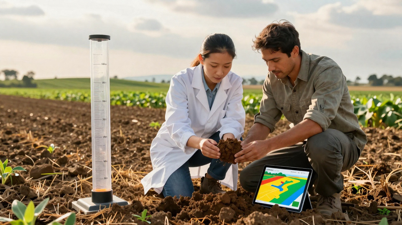 Dois cientistas analisam o solo numa plantação, com um equipamento de medição e um tablet ao lado.