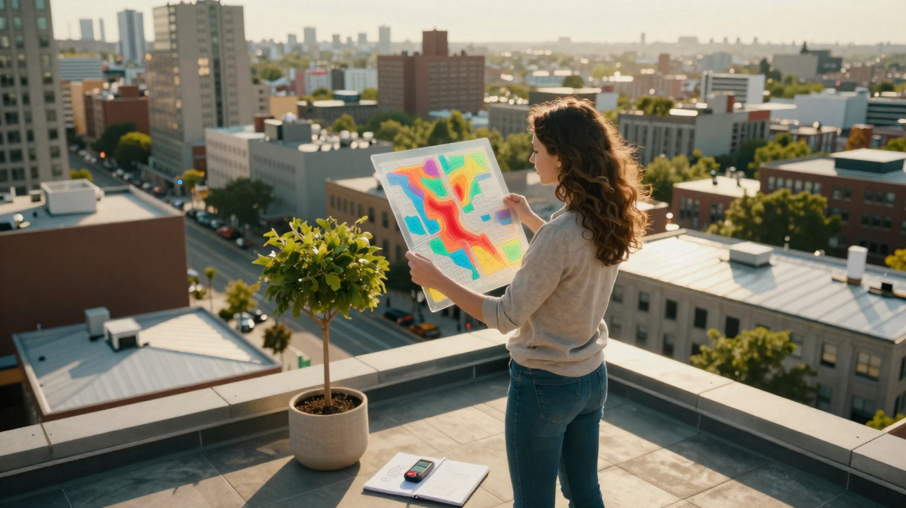 Mulher numa varanda com vista urbana a analisar um mapa colorido, com uma planta e material de trabalho ao lado.