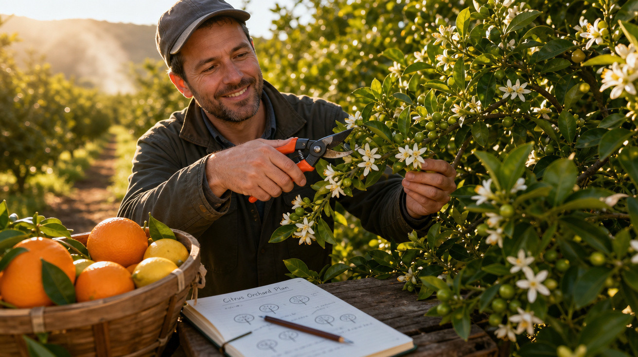 Homem a podar flores de um pomar de citrinos com cesta de frutas e caderno de registos ao lado.