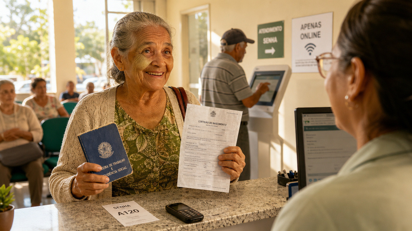 Idosa sorridente mostra documentos na mesa de atendimento numa agência de serviços públicos.