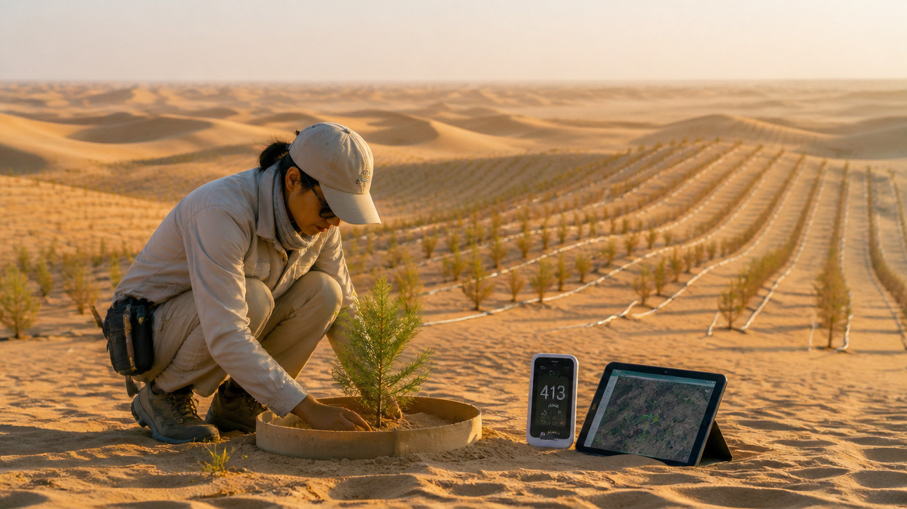 Pessoa a plantar árvore jovem num deserto com linhas de árvores e dois dispositivos digitais a mostrar dados ambientais.