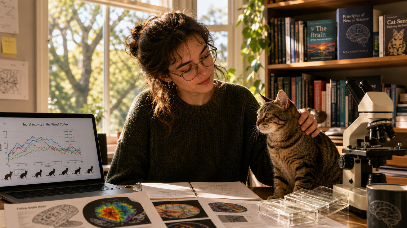 Mulher com óculos estuda gráficos do cérebro e acaricia um gato num ambiente de trabalho com livros e microscópio.