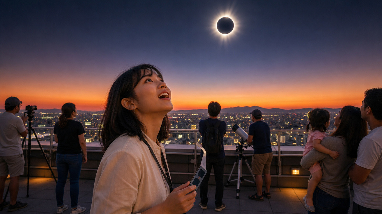 Pessoas observam deslumbradas um eclipse solar total ao pôr do sol numa cidade iluminada.