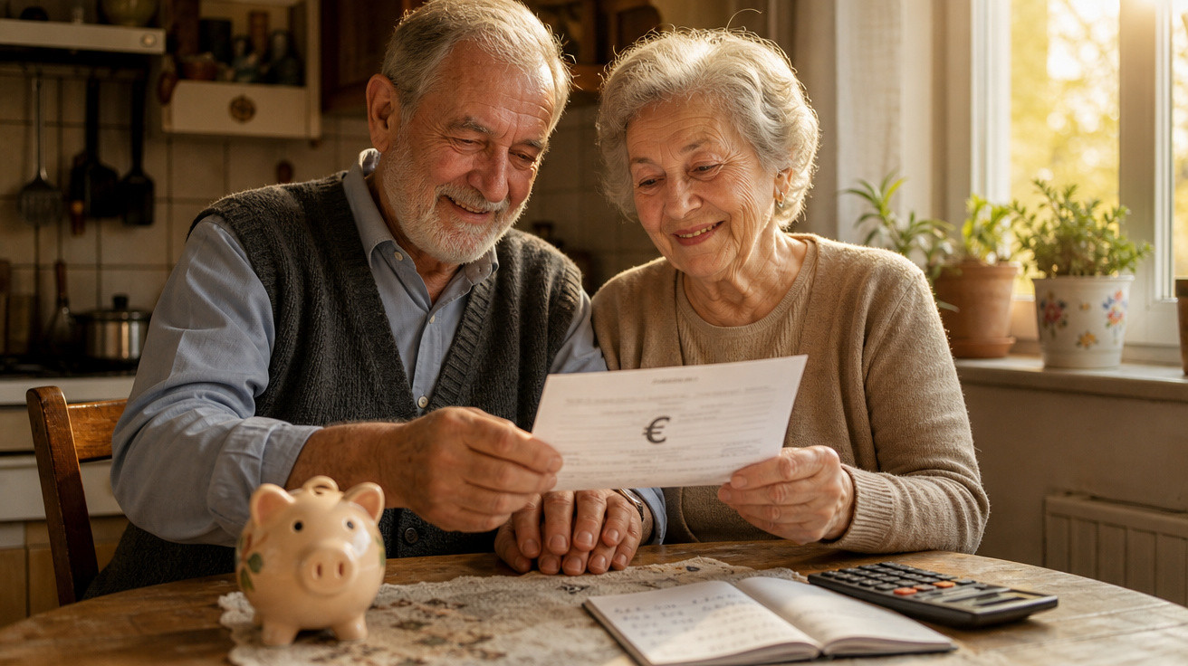 Casal idoso sorridente a analisar documentos financeiros numa mesa com mealheiro e calculadora.