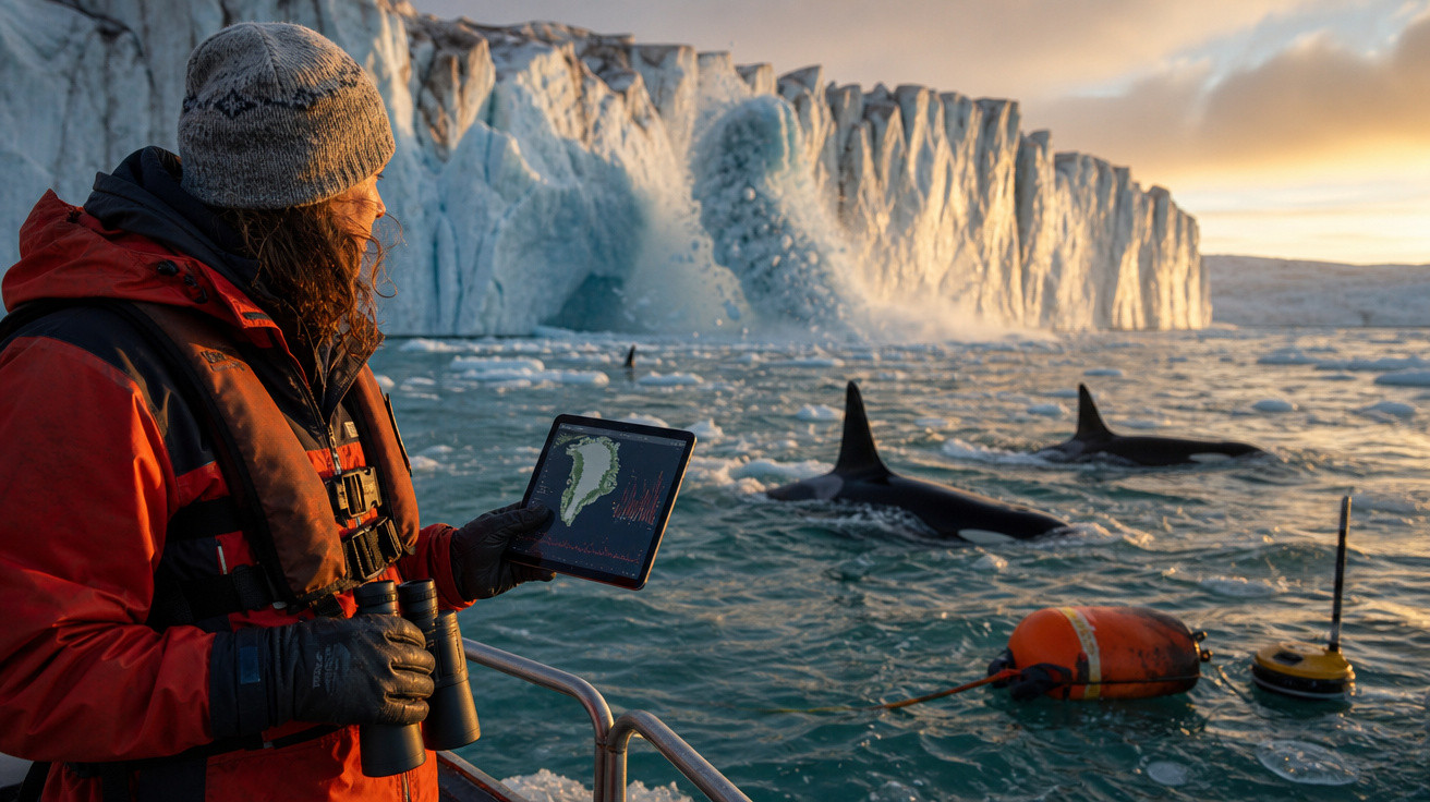 Pessoa com roupa de frio observa orcas no mar perto de icebergue, segurando tablet e binóculos.