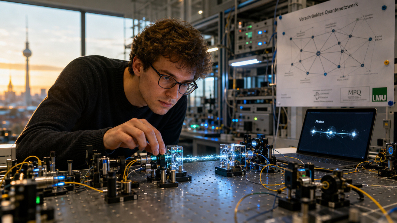 Homem com óculos ajusta equipamento óptico numa mesa experimental com laser azul num laboratório tecnológico.