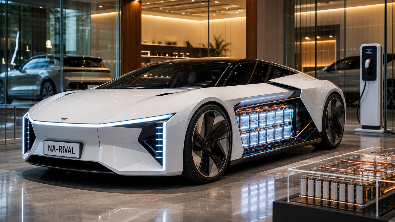 Carro elétrico de design futurista branco numa exposição, com bateria visível e posto de carregamento ao fundo.