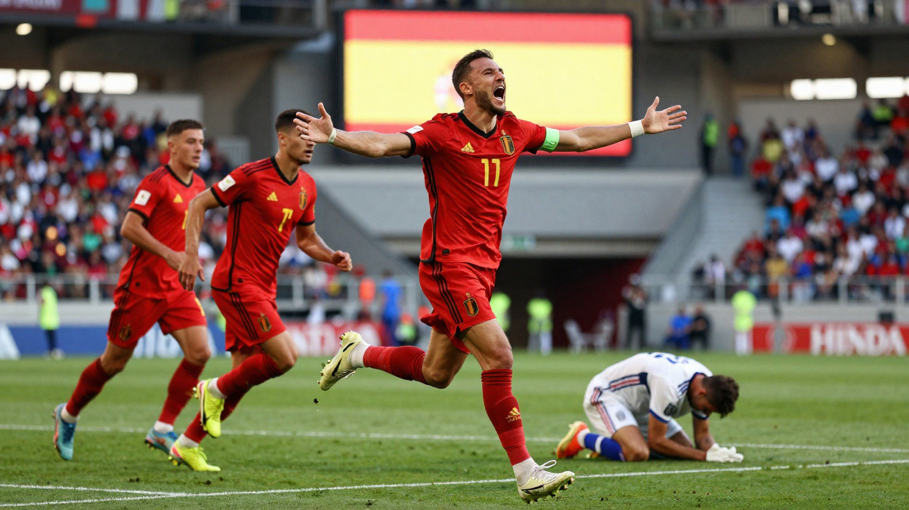 Jogador da Bélgica celebra golo com braços abertos enquanto adversário está ajoelhado no relvado.