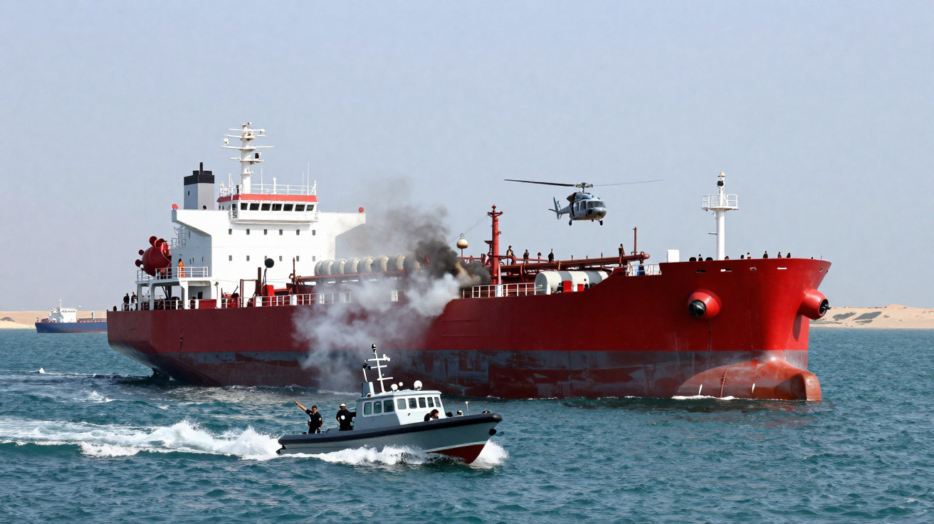 Petroleiro vermelho no mar com barco de patrulha e helicóptero em operação, emissão de fumo visível.