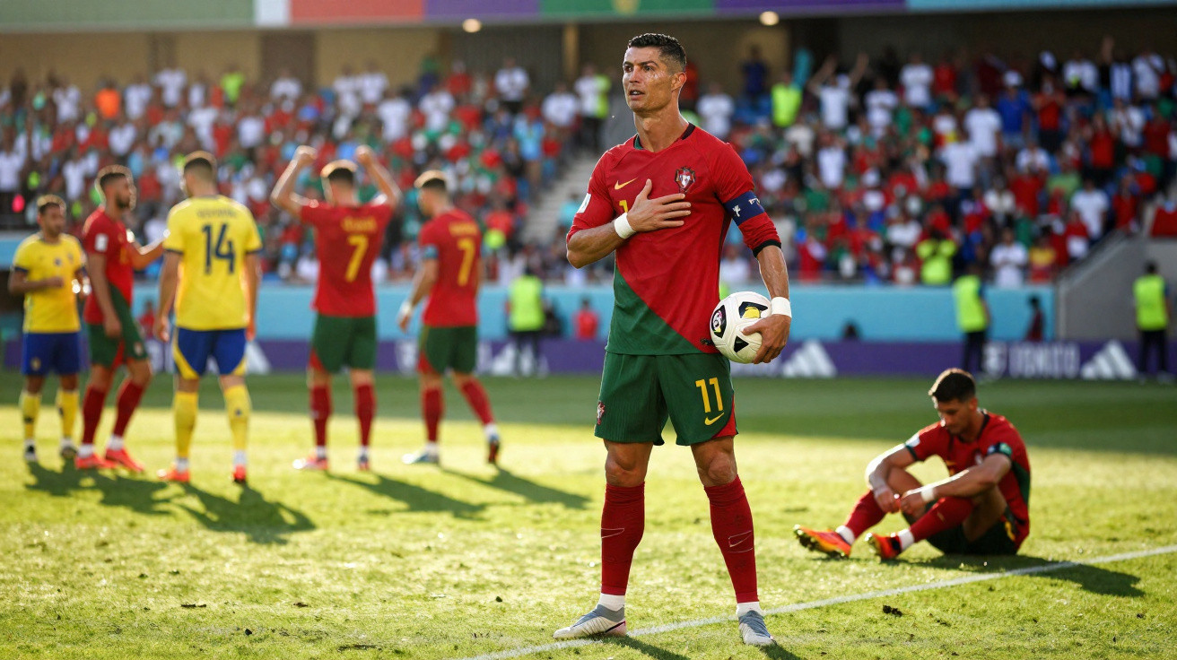 Jogador português com braçadeira de capitão segurando a bola, enquanto adversários e público observam no estádio.