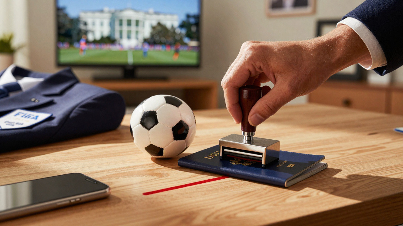 Mão carimbando passaporte sobre mesa com bola de futebol, telemóvel e camisa FIFA, TV com jogo ao fundo.