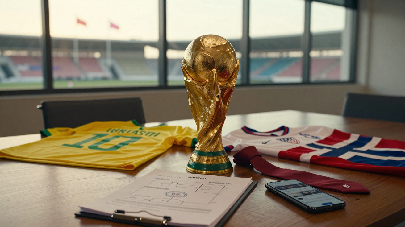 Taça do Mundo de futebol em cima de mesa com camisolas do Brasil e Noruega, apontamentos táticos e telemóvel num estádio.