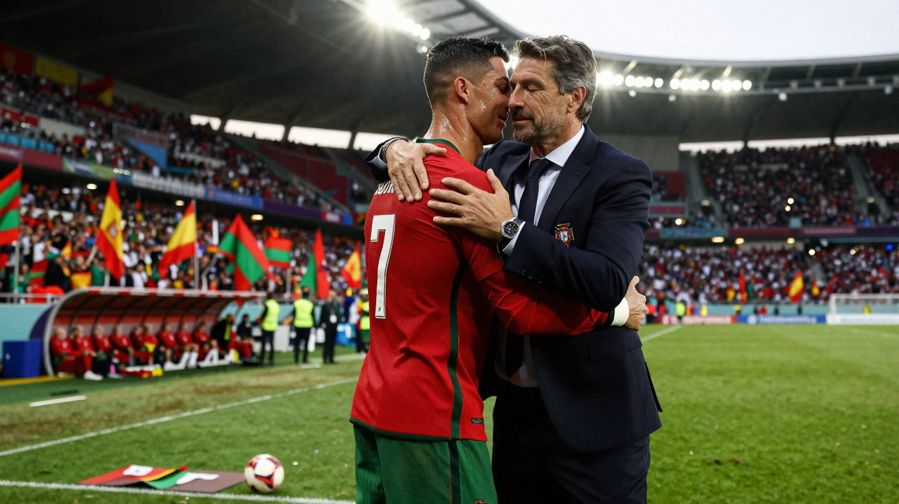 Jogador de futebol com a camisola de Portugal abraça treinador durante jogo num estádio cheio.