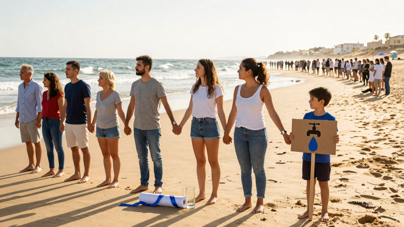 Grupo diverso de pessoas de mãos dadas na praia, menino segura placa com torneira e gota de água azul.