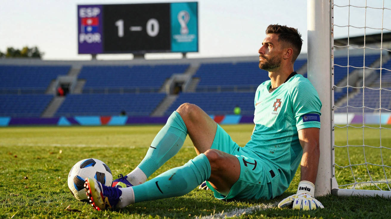 Guarda-redes de Portugal sentado no relvado junto da baliza, com placar a mostrar 1-0 para Espanha.