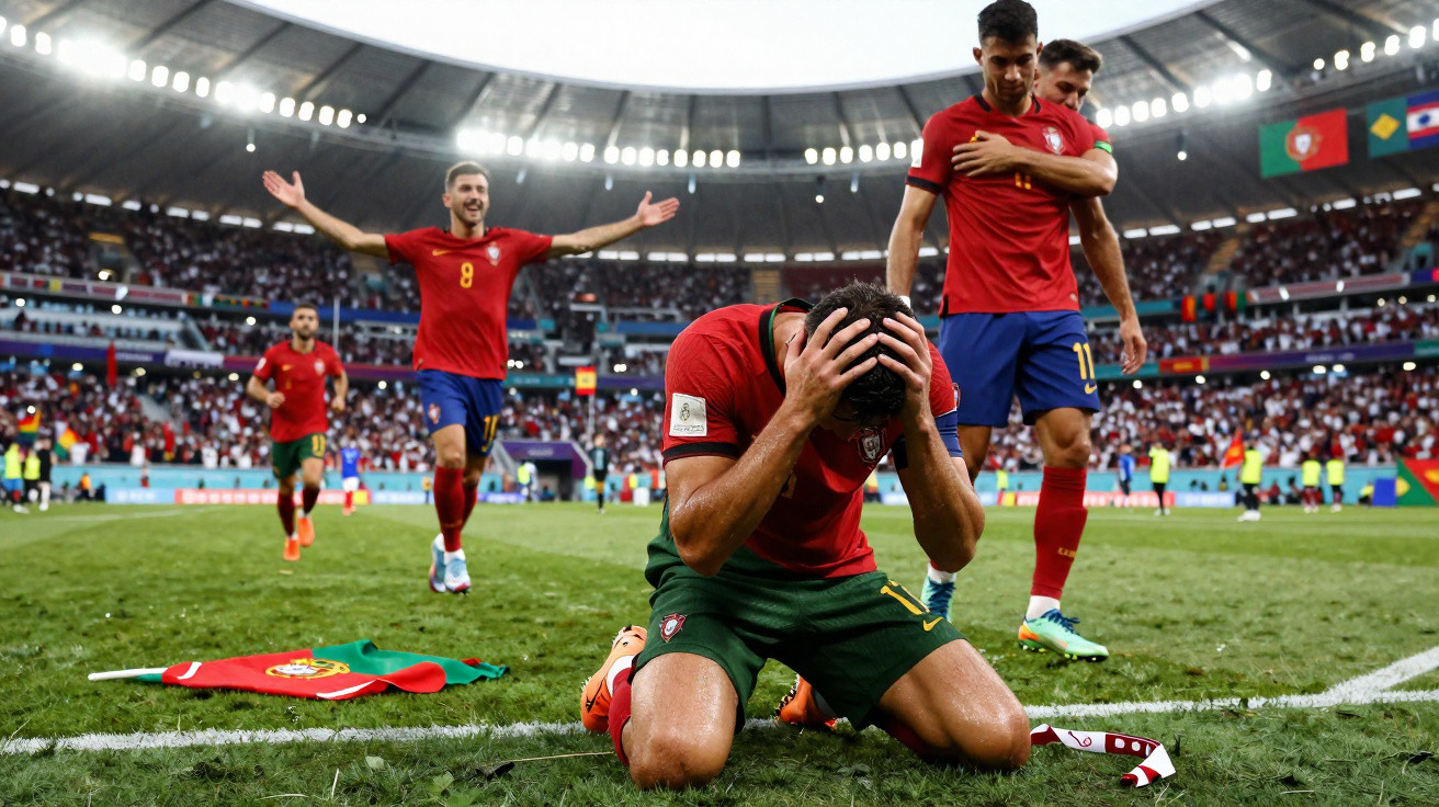 Jogador de futebol de Portugal ajoelhado com as mãos na cabeça, outros jogadores celebram no estádio cheio.