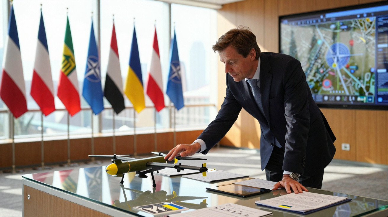 Homem de fato examina modelo de drone numa sala com várias bandeiras nacionais ao fundo.