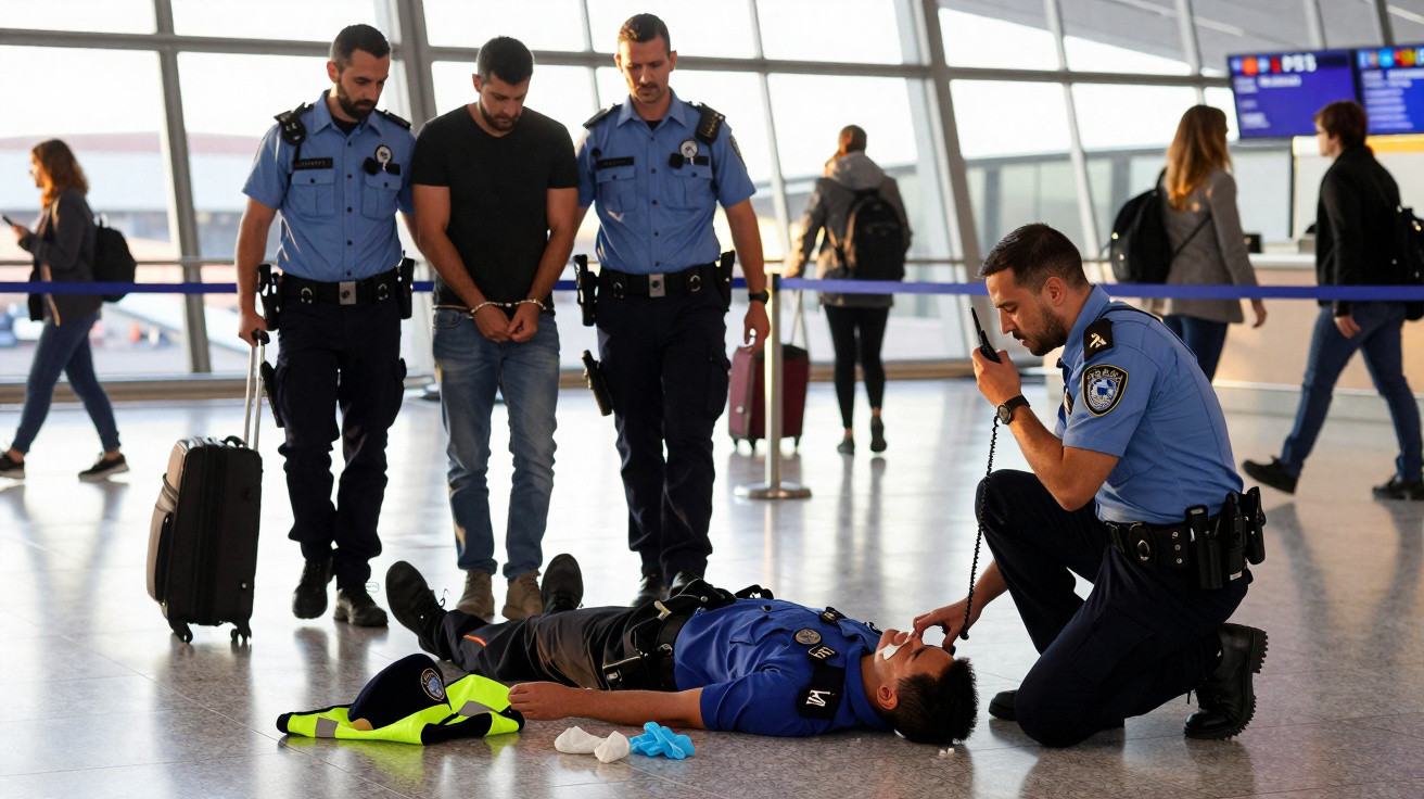 Dois polícias escoltam homem de mãos algemadas num aeroporto enquanto outro polícia presta assistência a colega no chão.