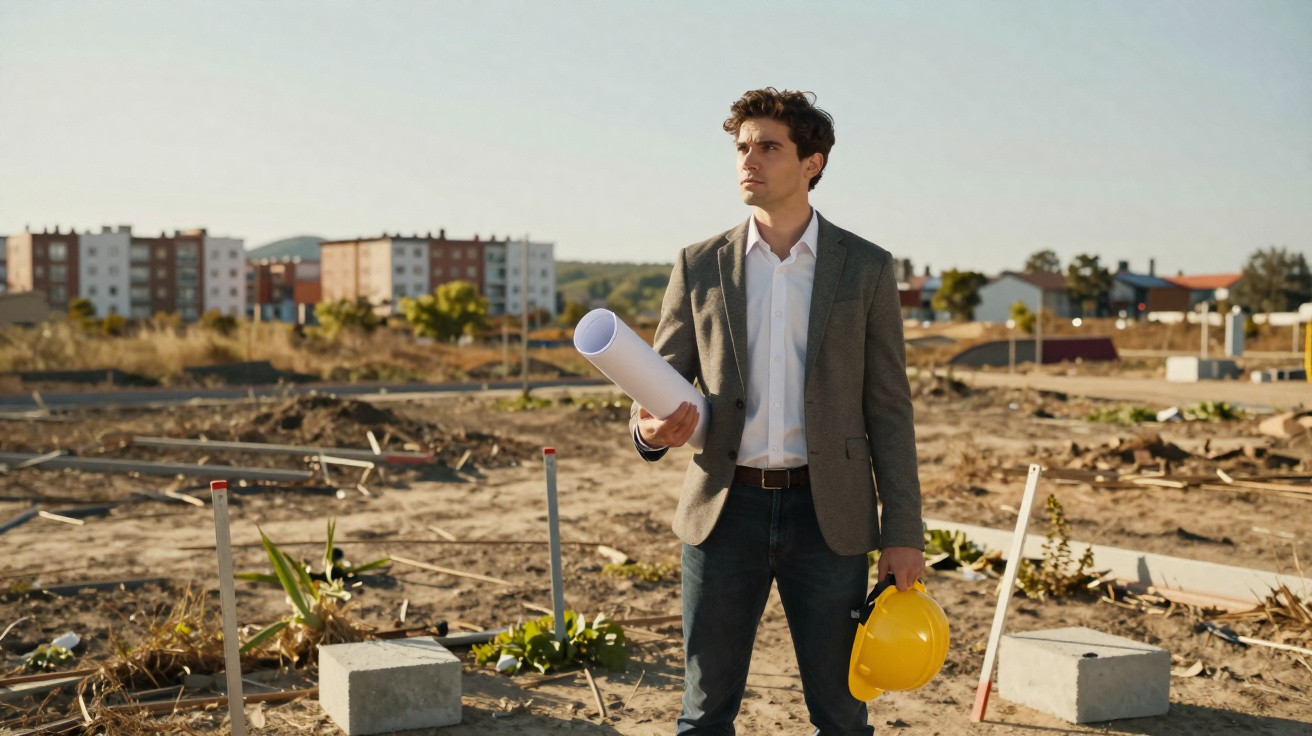 Homem com fato e camisa branca segura capacete e planta projetos numa área de construção urbana.