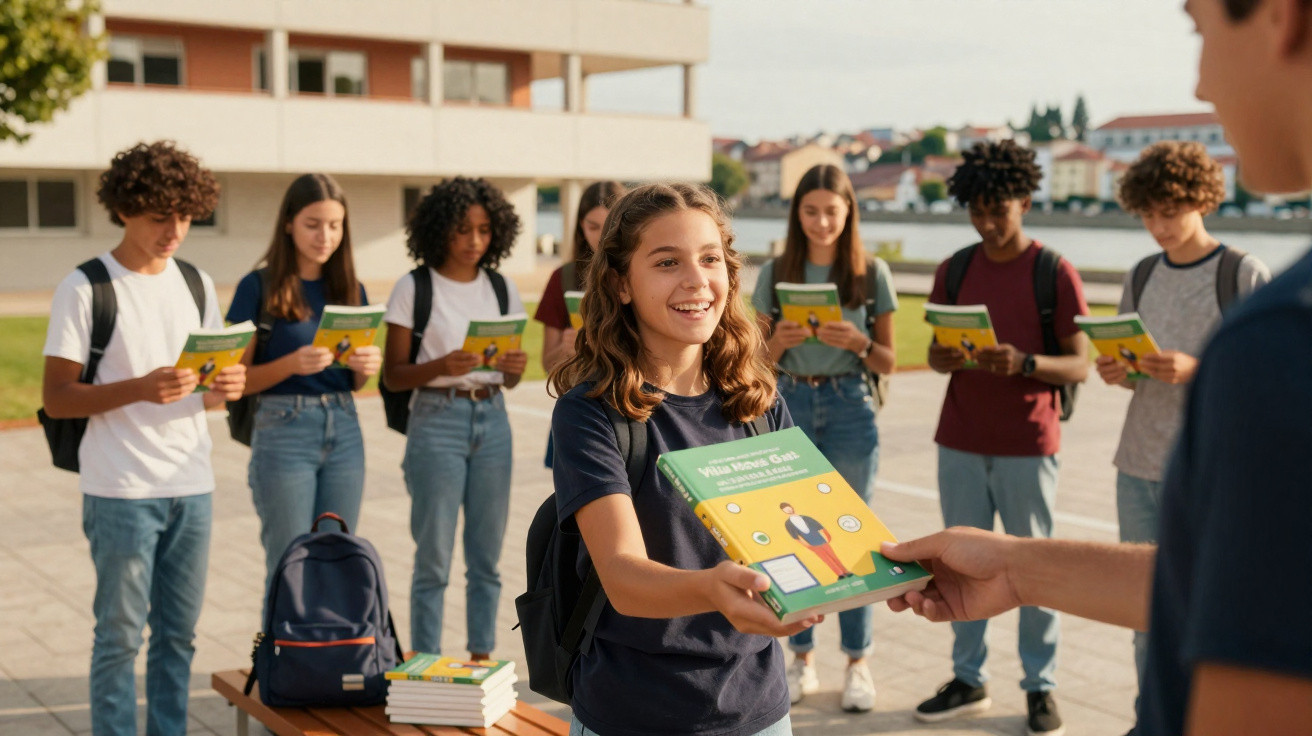 Adolescente sorridente a receber um livro de um adulto, com grupo de jovens ao fundo a ler livros idênticos.