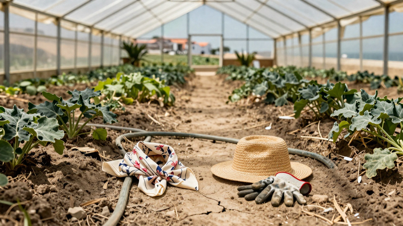 Estufa com plantas em cultivo, chapéu de palha, luvas e lenço de jardinagem no chão.