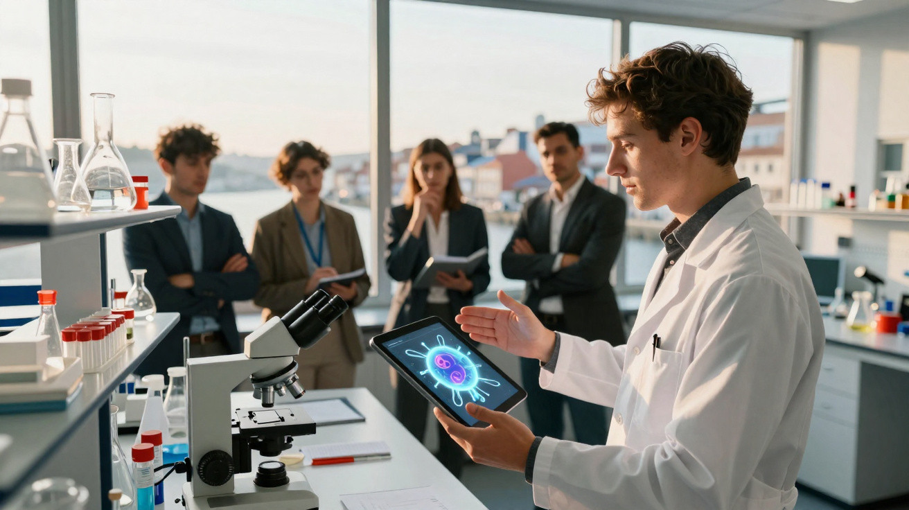 Cientista com bata branca apresenta imagem digital de vírus a grupo em laboratório moderno.
