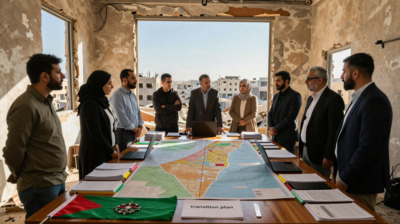 Grupo de pessoas reunidas à volta de mesa com mapa e bandeira palestiniana em sala degradada.