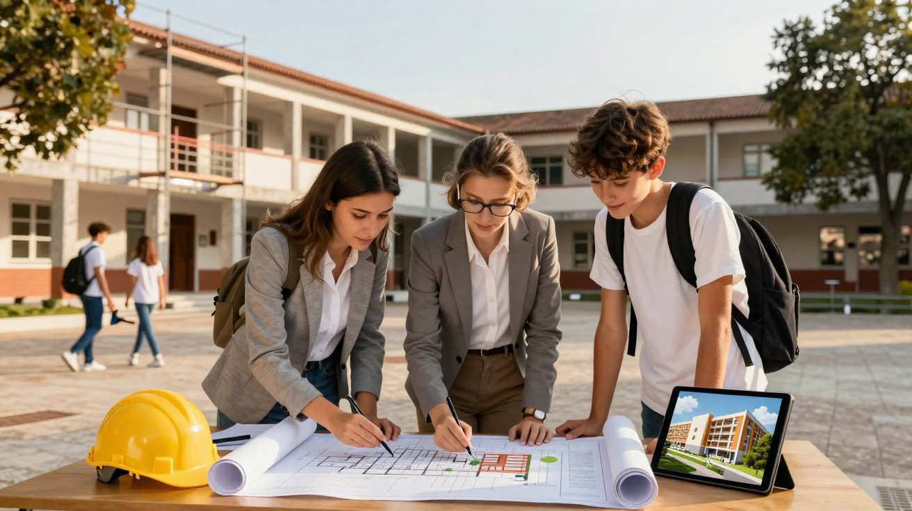 Três jovens analisam plantas arquitetónicas numa mesa exterior com capacete amarelo e tablet ao lado.
