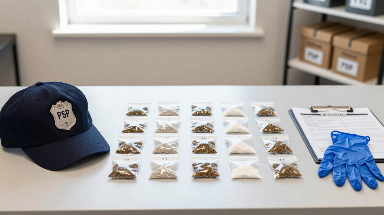 Boné policial, várias pequenas embalagens com drogas, luvas azuis e documento sobre mesa clara em sala clara.