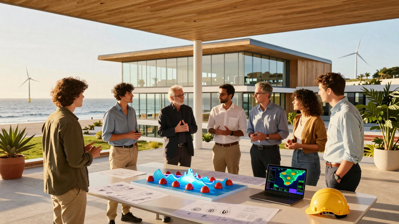 Grupo multicultural a discutir projeto com maquete e laptop num terraço moderno junto ao mar.