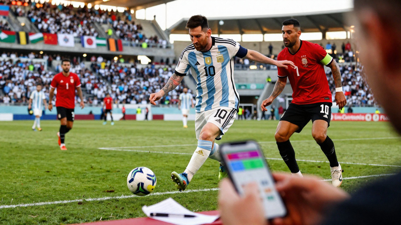 Jogador argentino com a bola sob pressão de adversário na linha lateral em estádio cheio.