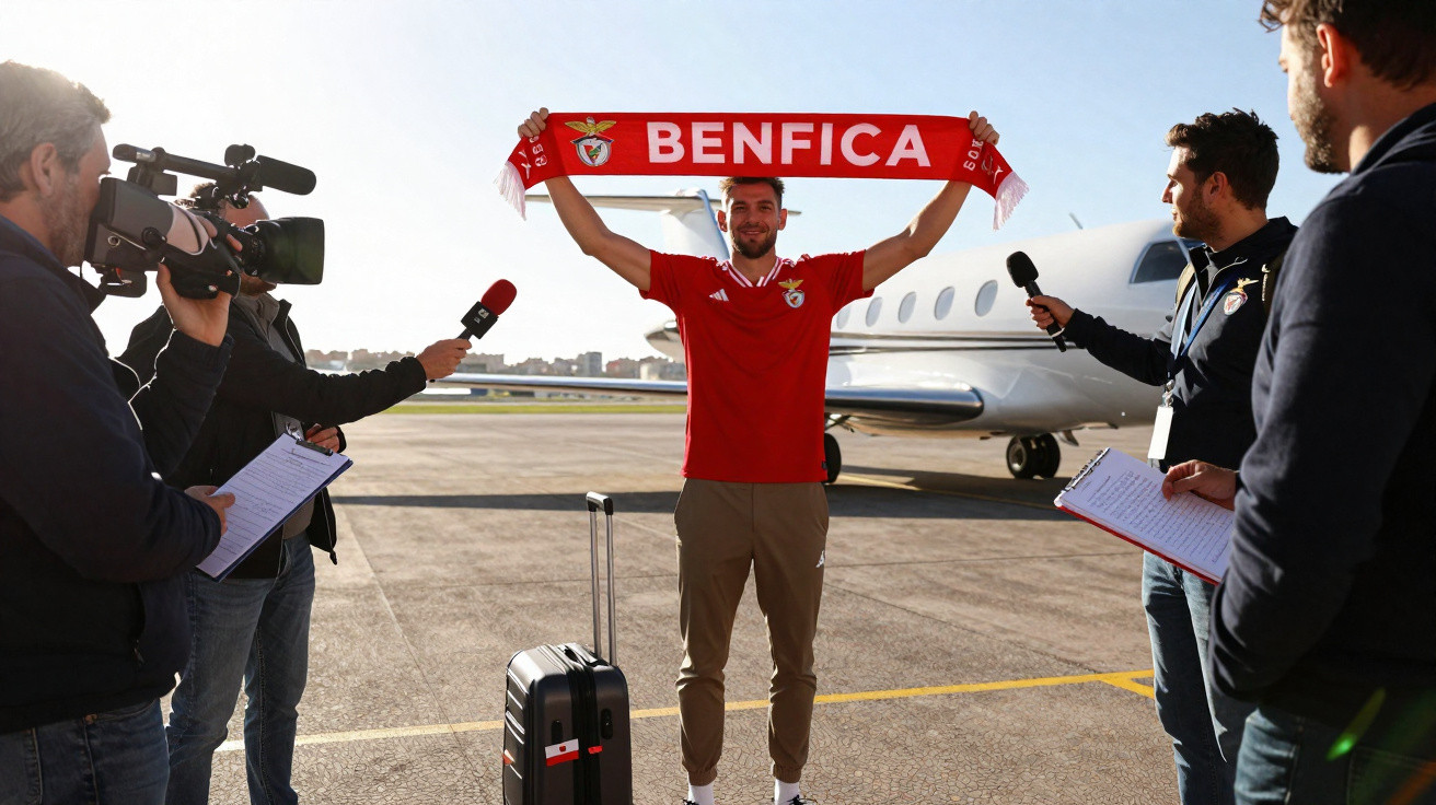 Jogador do Benfica no aeroporto com cachecol do clube, rodeado por jornalistas a fazer perguntas.