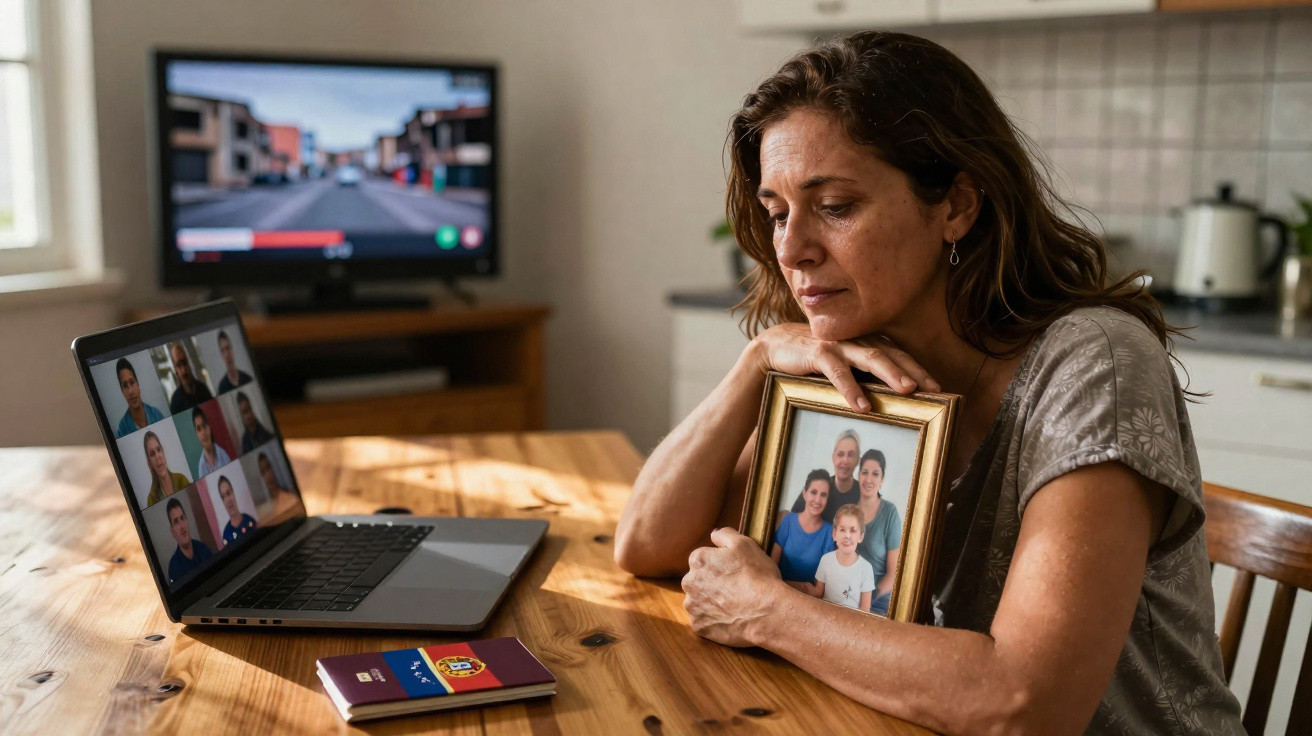 Mulher segura fotografi a de família e participa em chamada de vídeo junto a passaporte numa mesa de cozinha.