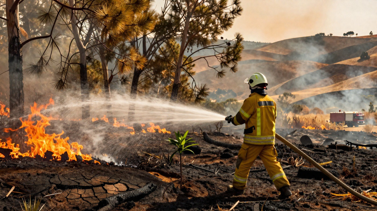 Bombeiro em equipamento a apagar incêndio florestal com mangueira, fogo e fumo em área queimada.