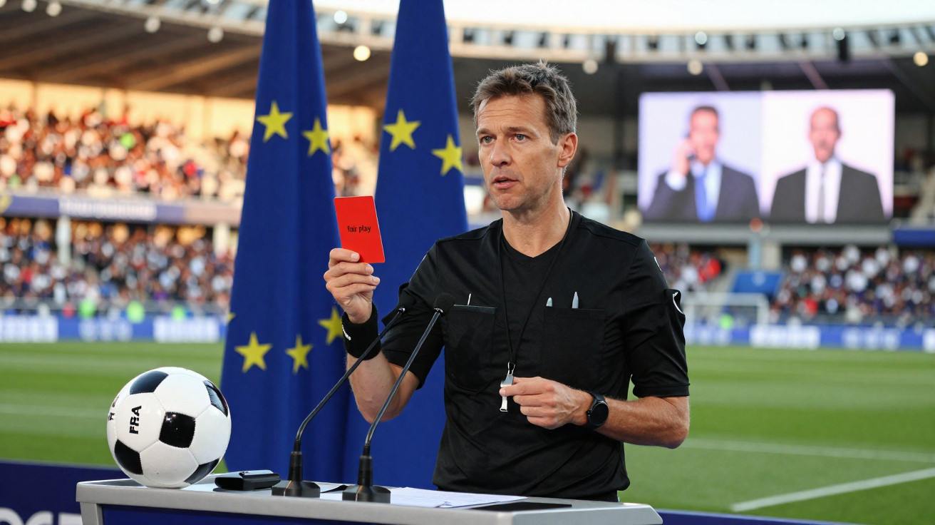 Árbitro em campo anuncia cartão vermelho durante jogo de futebol com bandeiras da UE ao fundo.