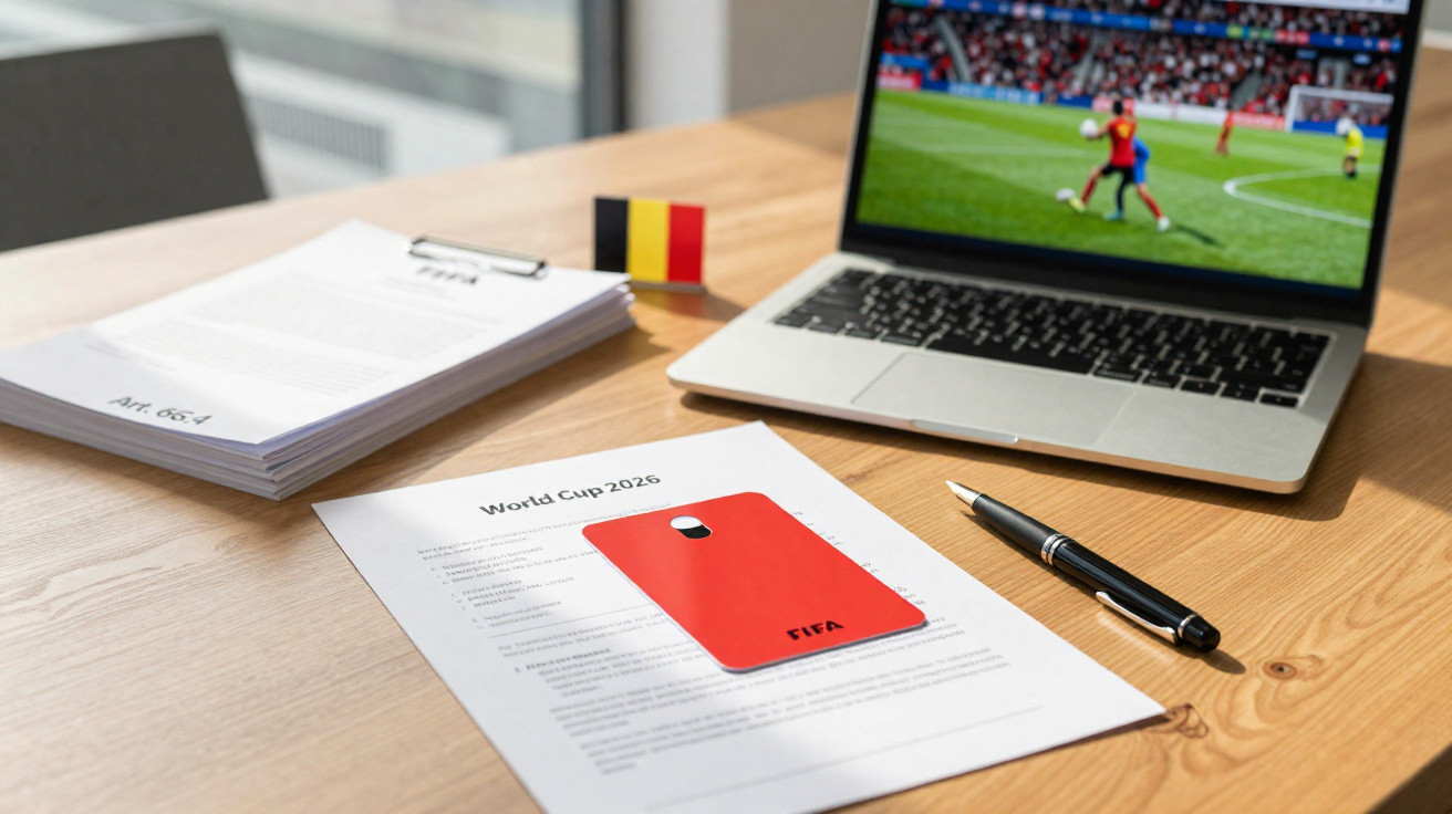 Mesa com computador portátil a mostrar jogo de futebol, documentos sobre Mundial 2028 e um cartão vermelho da FIFA.